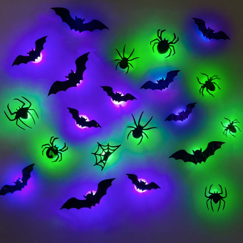 LED Bats Spider Decor - Glow-in-the-Dark 3D Wall Stickers with Green Lights for Indoor/Outdoor Halloween Party Scares