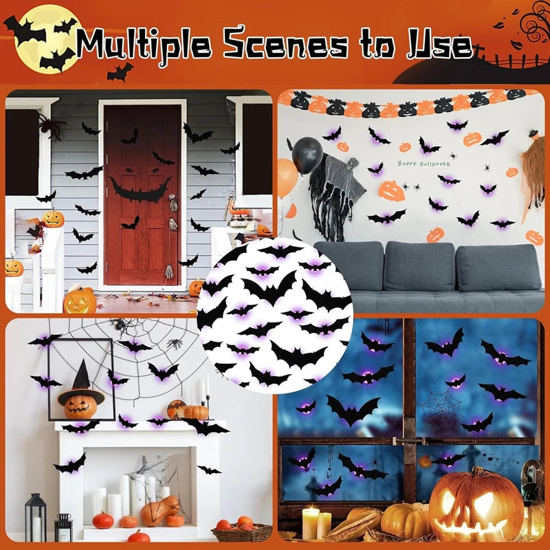 LED Bats Spider Decor - Glow-in-the-Dark 3D Wall Stickers with Green Lights for Indoor/Outdoor Halloween Party Scares