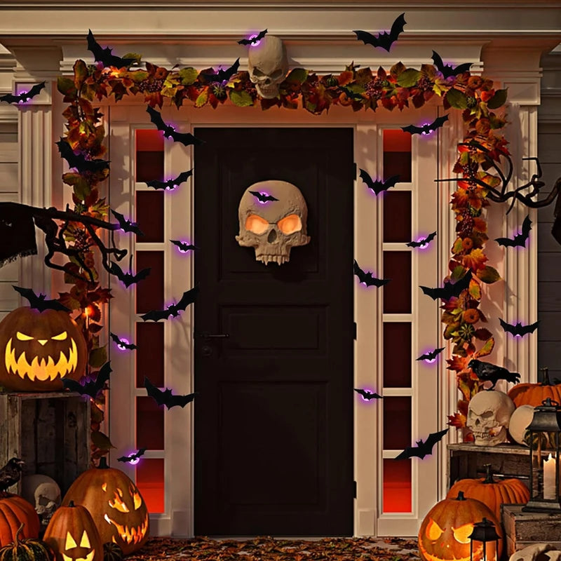 LED Bats Spider Decor - Glow-in-the-Dark 3D Wall Stickers with Green Lights for Indoor/Outdoor Halloween Party Scares