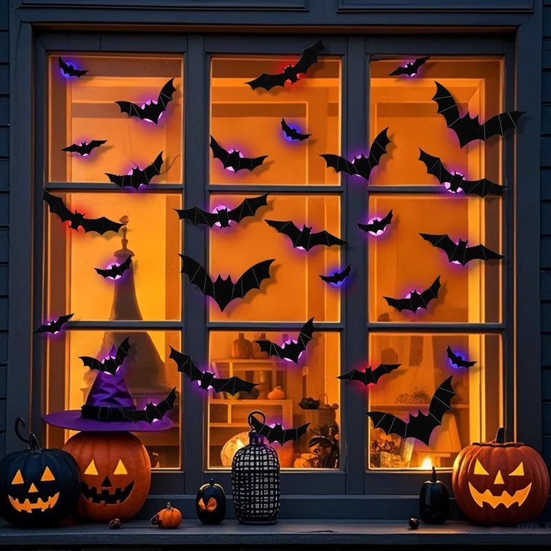 LED Bats Spider Decor - Glow-in-the-Dark 3D Wall Stickers with Green Lights for Indoor/Outdoor Halloween Party Scares